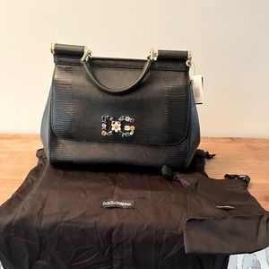 Medium Iguana Print Calfskin Sicily Bag with Crystal DG logo patch. New